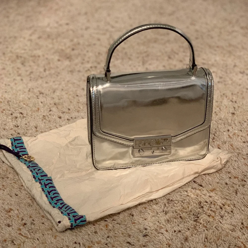 Tory Burch Metallic Silver Top-Handle Satchel